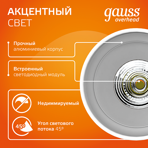 Gauss Светильник Overhead наклдвойной цилиндр 24W 1600lm 3000K 170-240V IP20 180*100мм белый LED