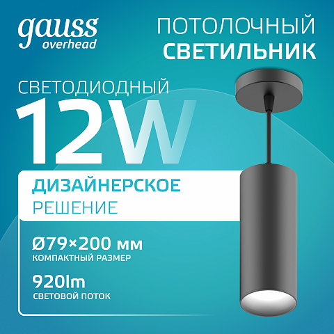 Gauss Светильник Overhead подвесной цилиндр 12W 920lm 4100K 170-240V IP20 79*200мм черный LED