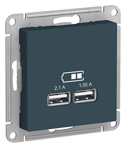SE Atlasdesign USB Розетка A+A, 5В/2, 1 А, 2х5В/1, 05 А, механизм, изумруд