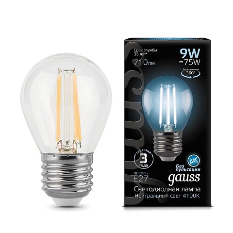 Gauss Лампа Filament Шар 9W 710lm 4100К Е27 LED