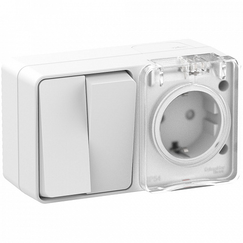 SE Atlasdesign PROFI IP54 О/У Блок: РОЗ. з/к со шт. 16А, выкл.2-клав.10А, белый
