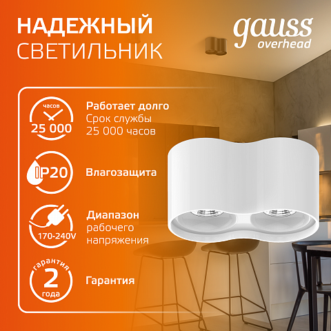 Gauss Светильник Overhead наклдвойной цилиндр 24W 1600lm 3000K 170-240V IP20 180*100мм белый LED