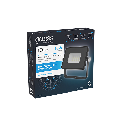 Gauss Прожектор Qplus 10W 1000lm 6500K 200-240V IP65 черный LED