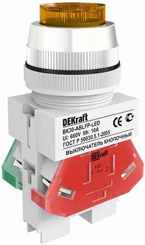 DEKraft ВK-30 Желтый Выключатель кнопочный ABLFP D=30мм LED 220В