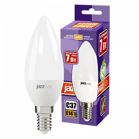 Jazzway Лампа светодиодная (LED) «свеча» d38мм E14 220° 7Вт 220-240В матовая тепло-белая желтая 3000К