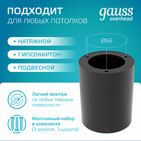 Gauss Светильник Overhead накл цил 12W 920lm 4100K 170-240V IP20 79*100мм черный LED