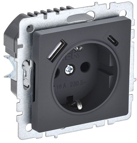 IEK BRITE BASE Графит Розетка с з/к/ш 16А с USB A+C 18Вт РЮш11-1-БрГ