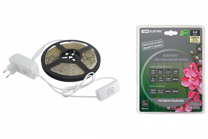 TDM Комплект светодиодной ленты SMD2835-60 LED/м-12 В-4,8 Вт/м-IP20-3000 К (5 м), 24 Вт