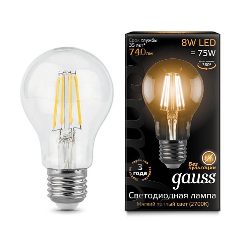 Gauss Лампа Filament А60 8W 740lm 2700К Е27 LED