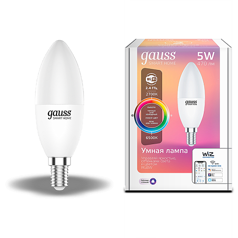Gauss Лампа Smart Home С37 5W 470lm 2700-6500К Е14 RGBW+изм.цвет.темп.+диммирование LED